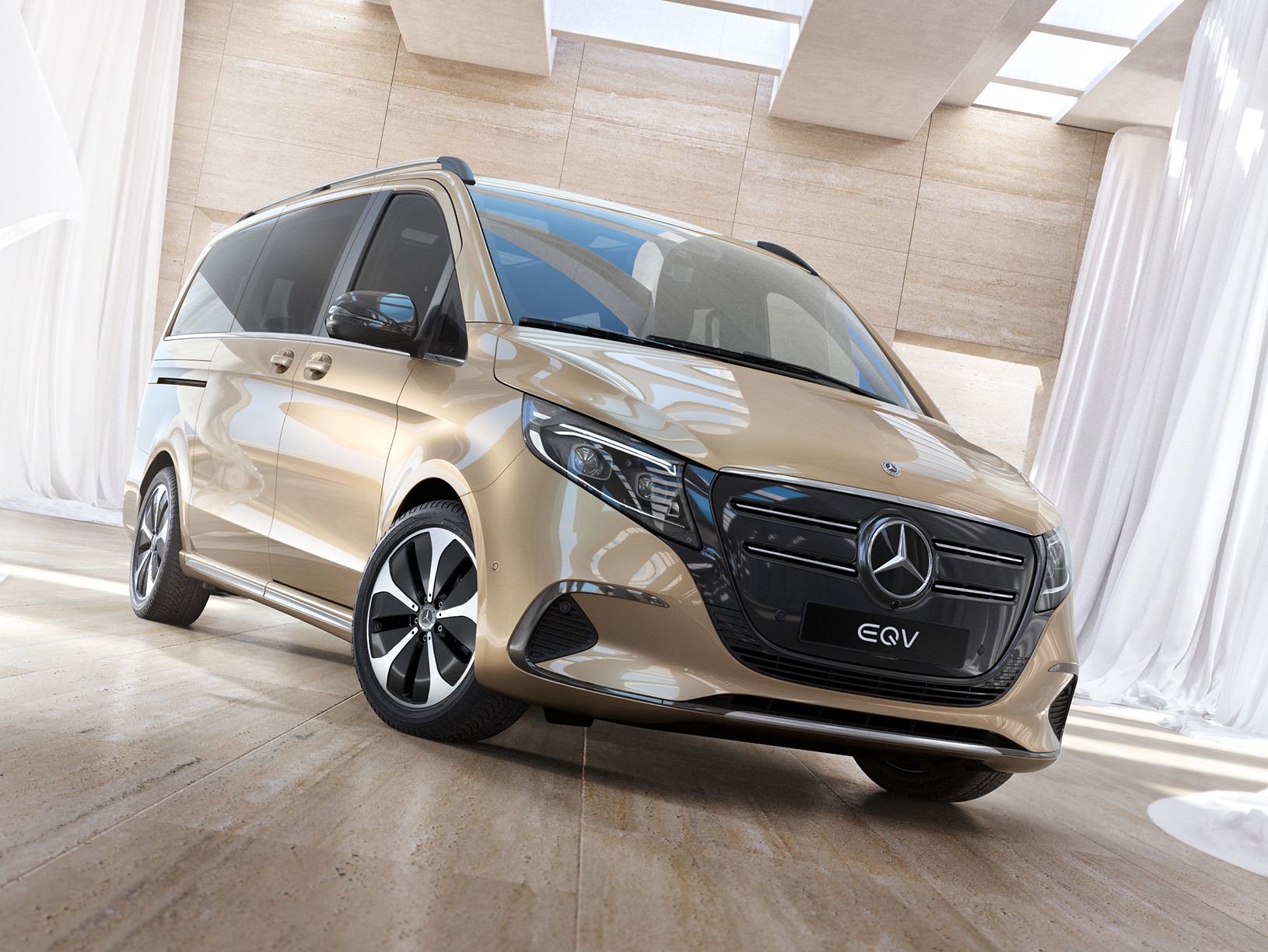 EQV | 7-sitsiga elbilar för familjen | Mercedes-Benz EQV från Mercedes-Benz i ett minimalistiskt showroom.