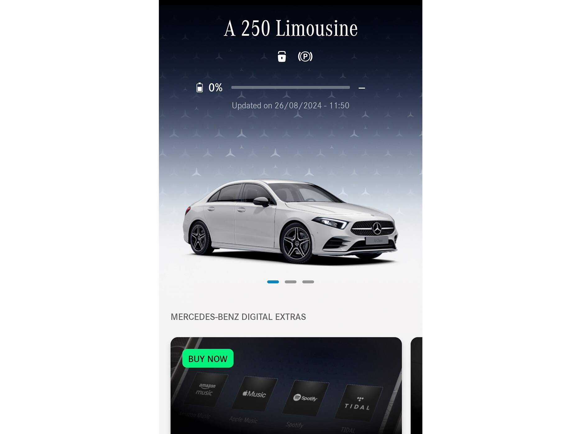 Smartphone visar de tillgängliga funktionerna för Mercedes-Benz appen.