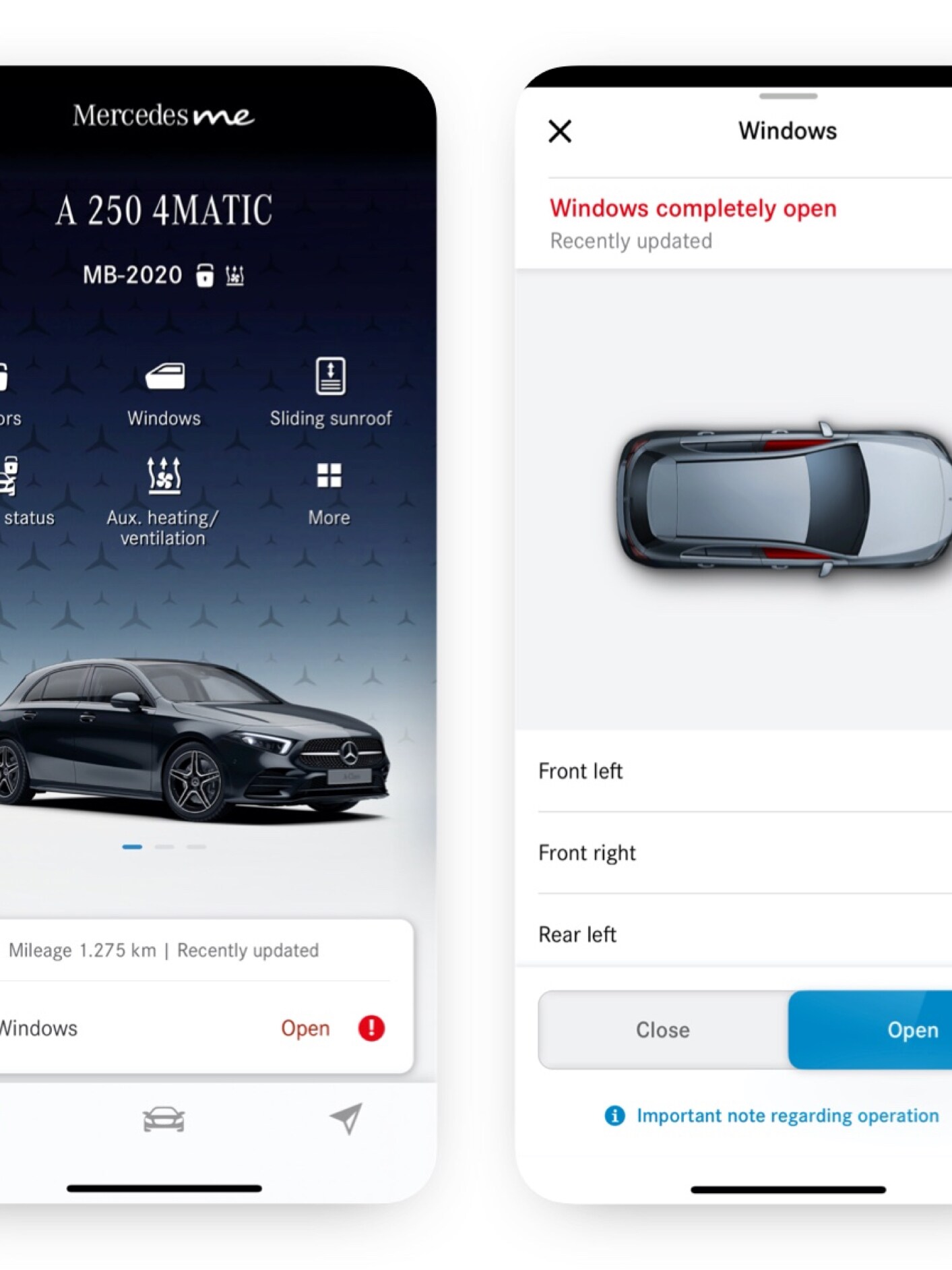 Digitala tjänsten Öppna/stänga rutor och taklucka visar att rutorna är nere.