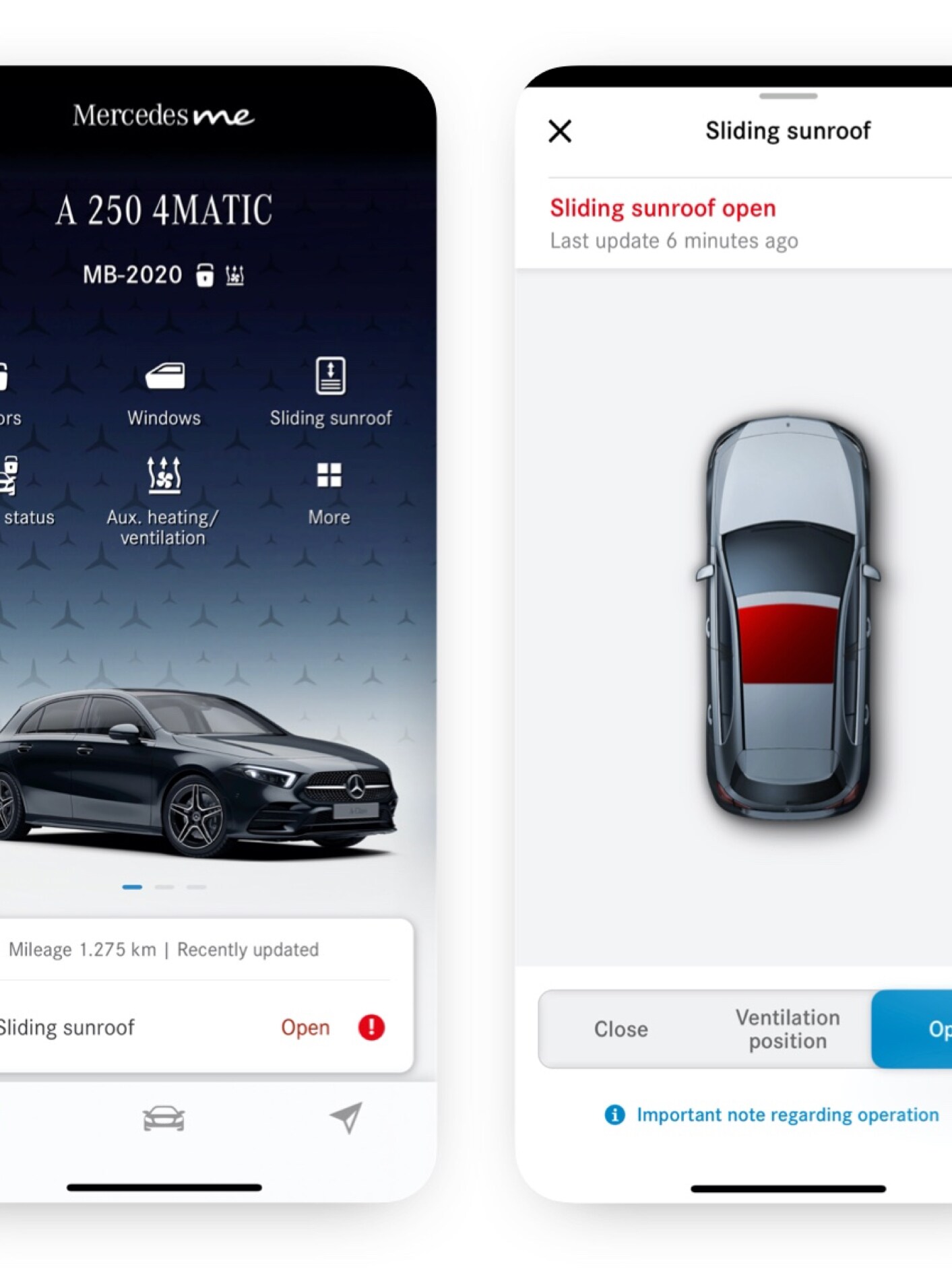 Digitala tjänsten Öppna/stänga rutor och taklucka visar att takluckan är öppen.
