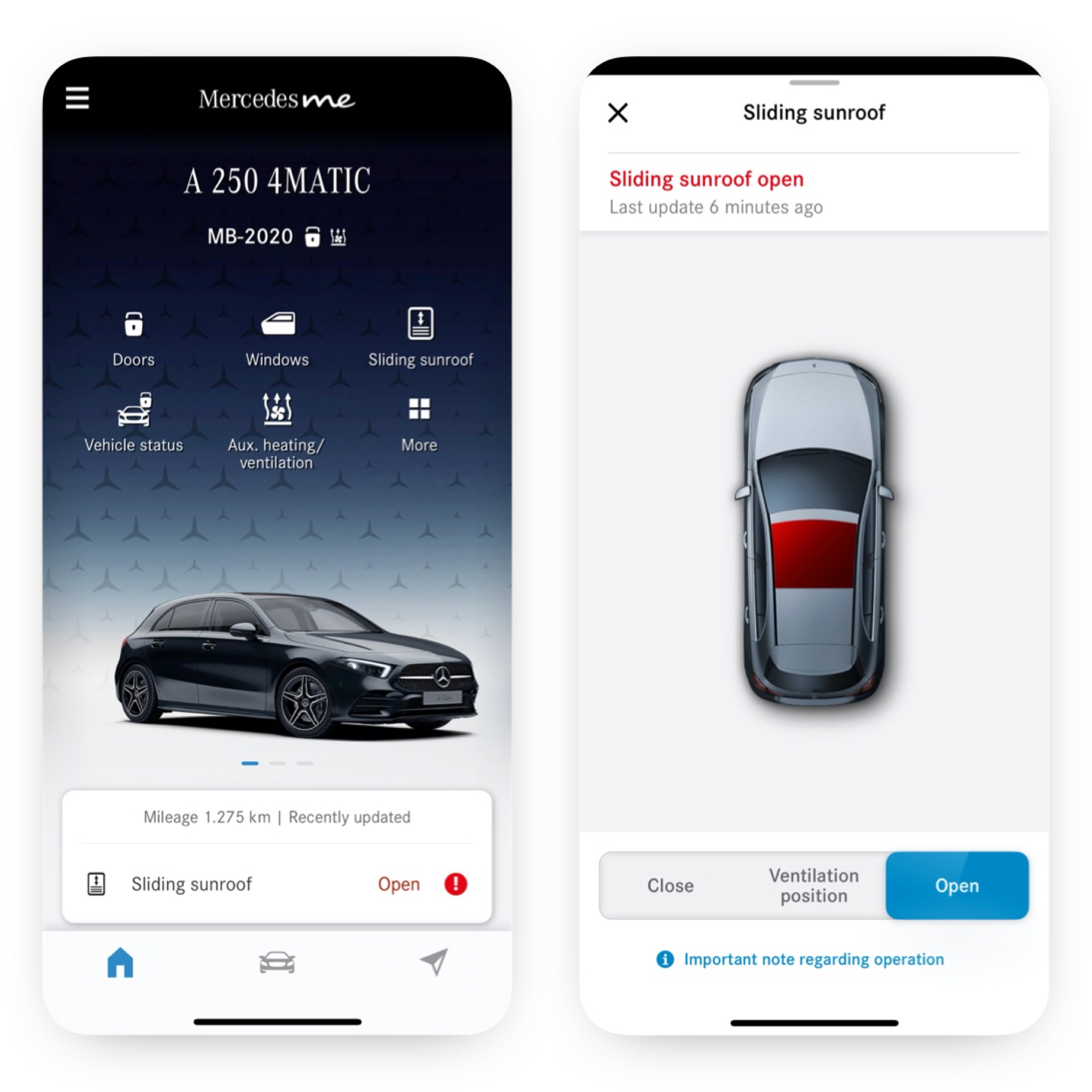 Öppna/stänga rutor och taklucka | Excellence-paket | Mercedes-Benz Digitala tjänsten Öppna/stänga rutor och taklucka visar att takluckan är öppen.