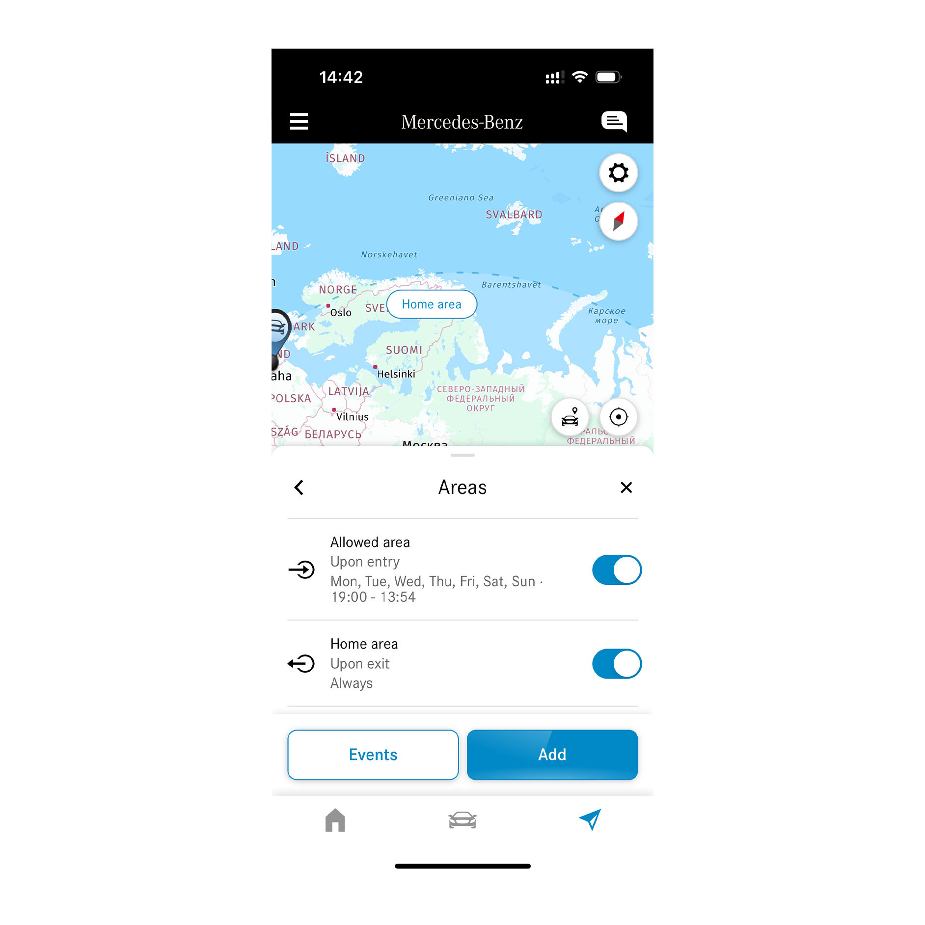 Geografisk övervakning | Fjärrstyrning | Mercedes-Benz Smartphone visar den digitala tjänsten Geografisk övervakning.