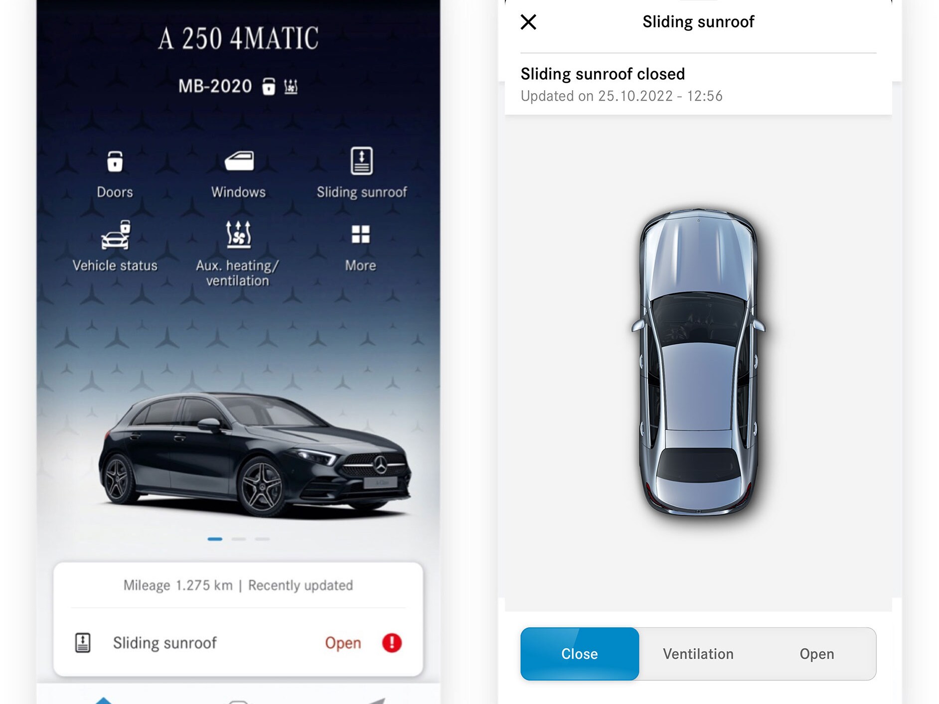De olika skärmarna som visas när den digitala tjänsten Öppna/stänga rutor och taklucka har känt av att takluckan inte är stängd visas på en smartphone.