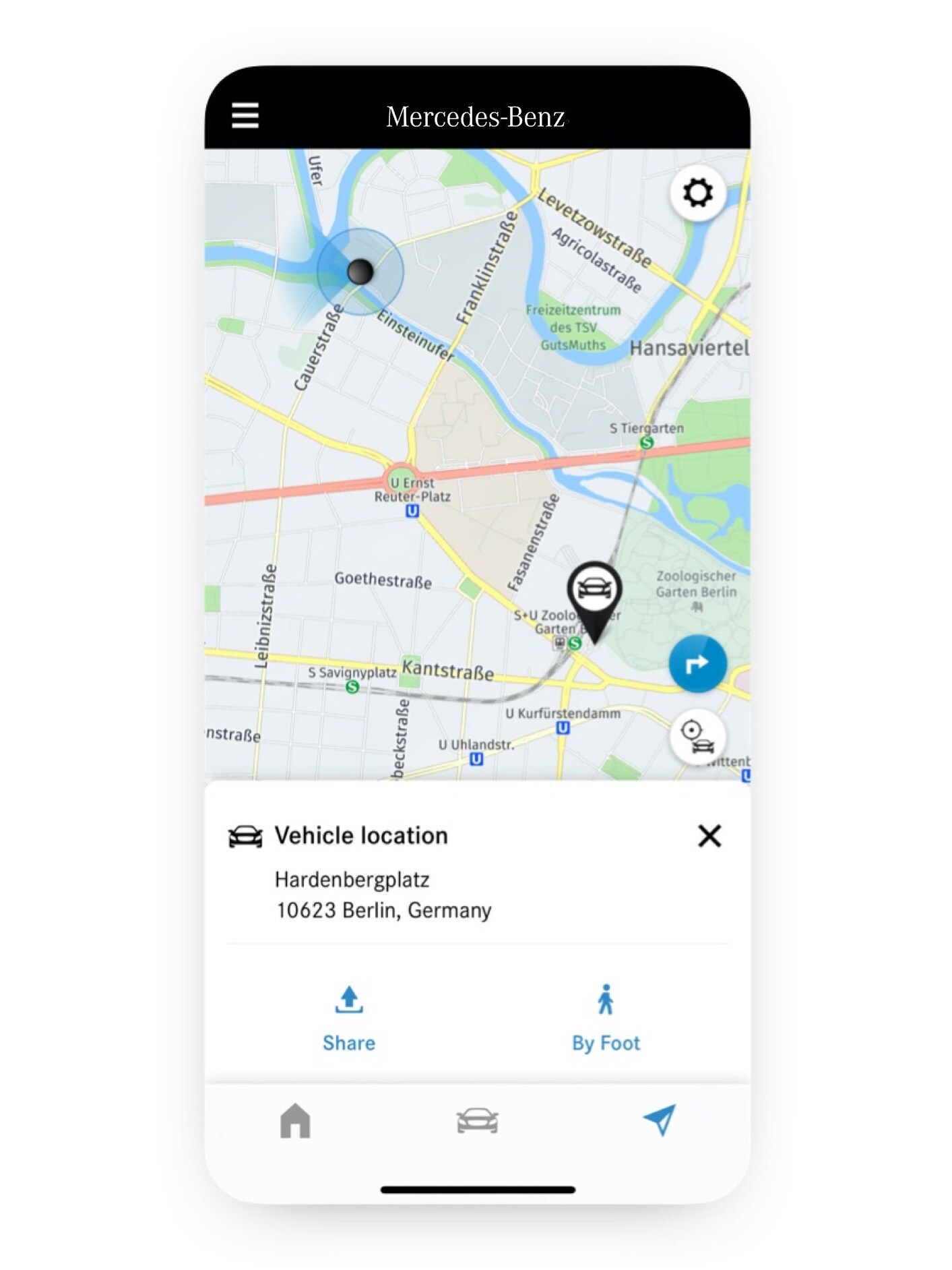 Bilens position visas i Mercedes-Benz appen på en smartphone.