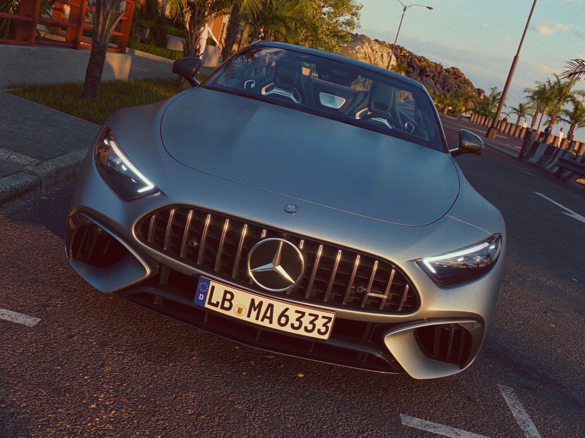 En frontvy av Mercedes-AMG SL Roadster som står parkerad vid en gata.