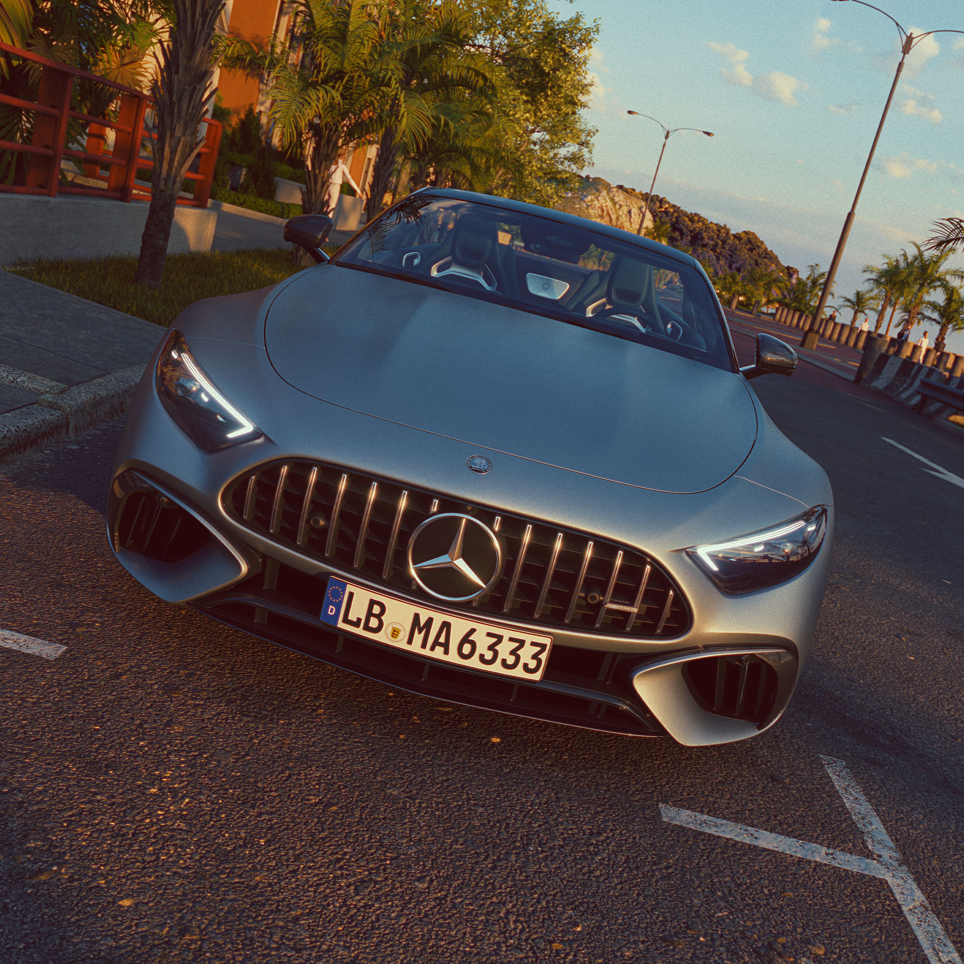 Design | SL Roadster | Mercedes-AMG En frontvy av Mercedes-AMG SL Roadster som står parkerad vid en gata.