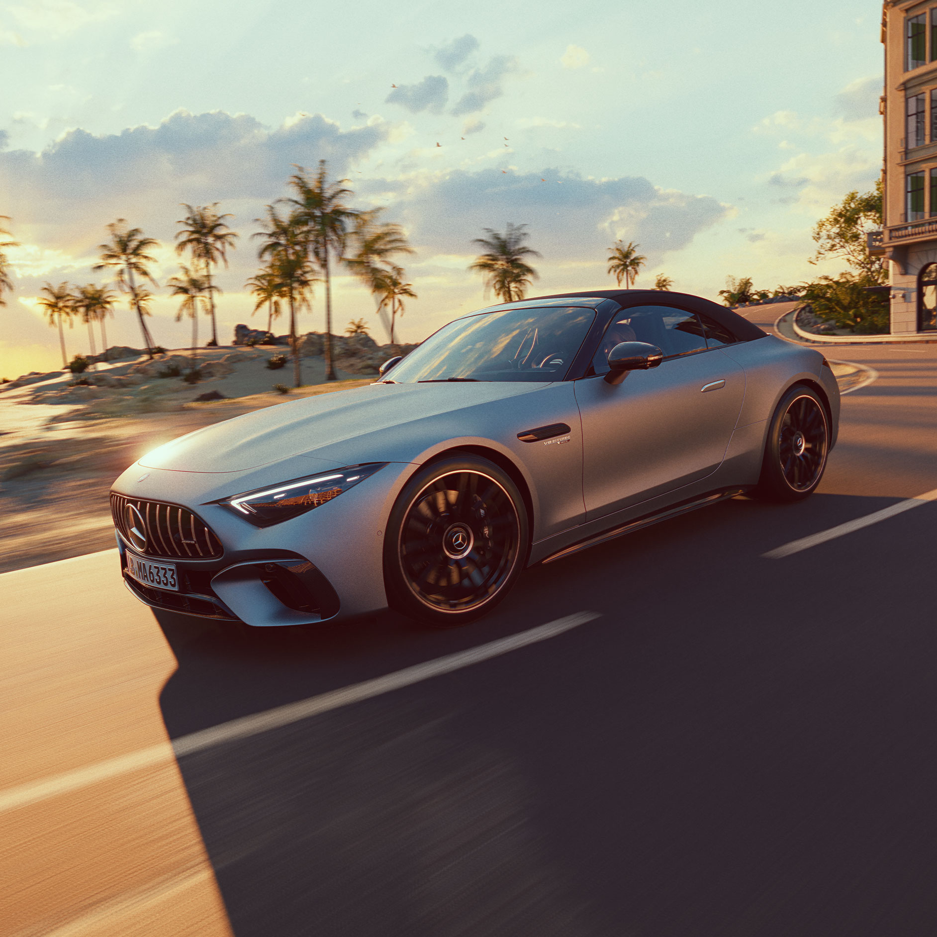 SL Roadster | Mercedes-AMG En sidovy av Mercedes-AMG SL Roadster som kör på en väg.