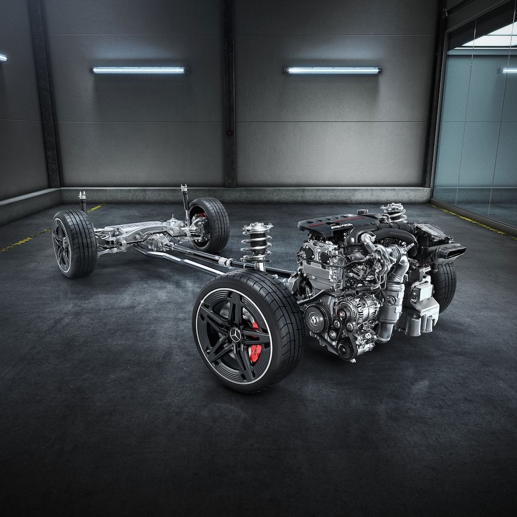 Chassi och drivlina hos Mercedes-AMG A 35 4MATIC eller A 45 S 4MATIC+.