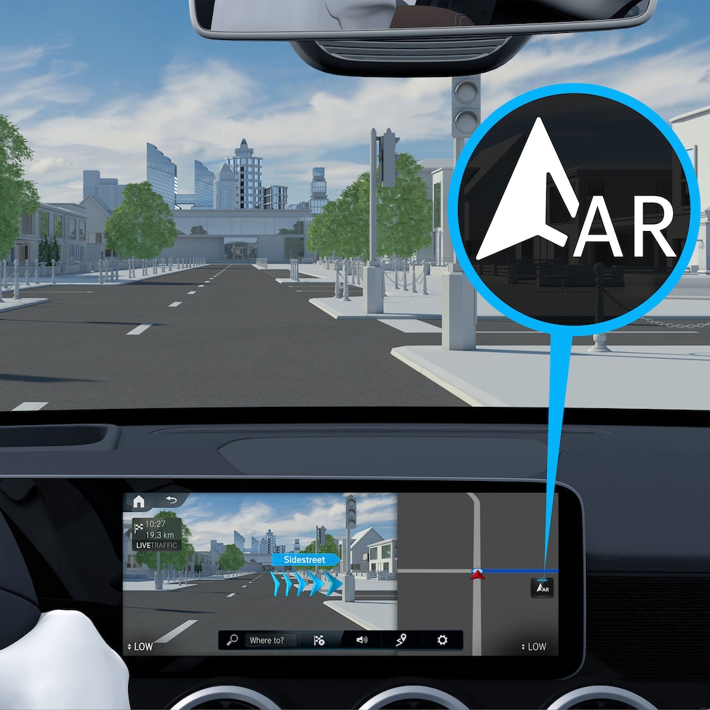 Så fungerar Digital tjänst: MBUX augmented reality för navigation i Mercedes-Benz CLA Coupé.