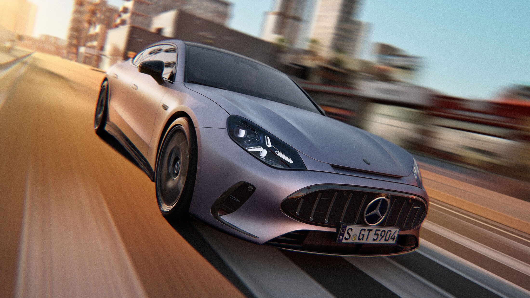 Helt nya Mercedes-AMG GT 53 4-Dörrars Coupé i hög fart i stadsmiljö