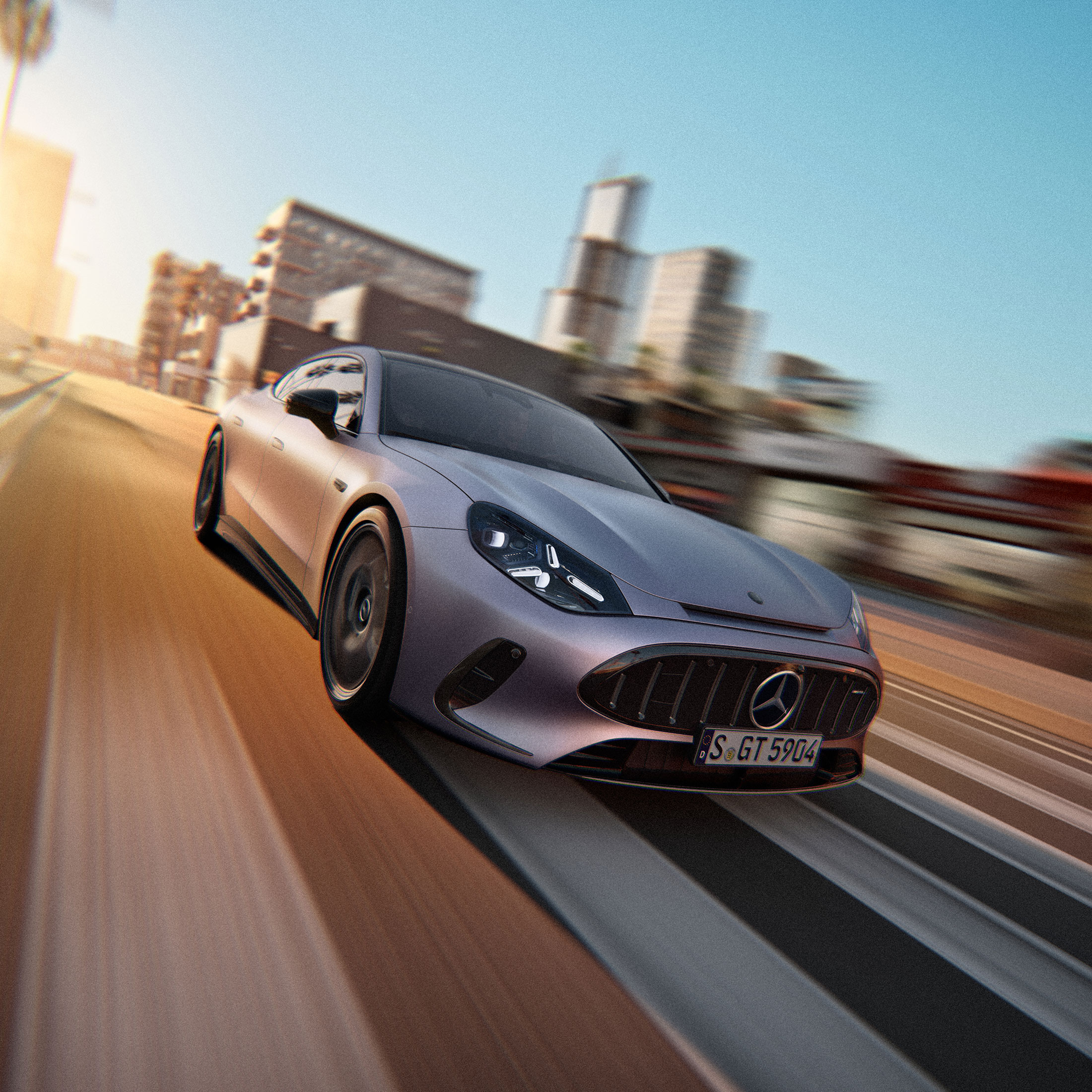 Helt nya Mercedes-AMG GT 53 4-Dörrars Coupé i hög fart i stadsmiljö