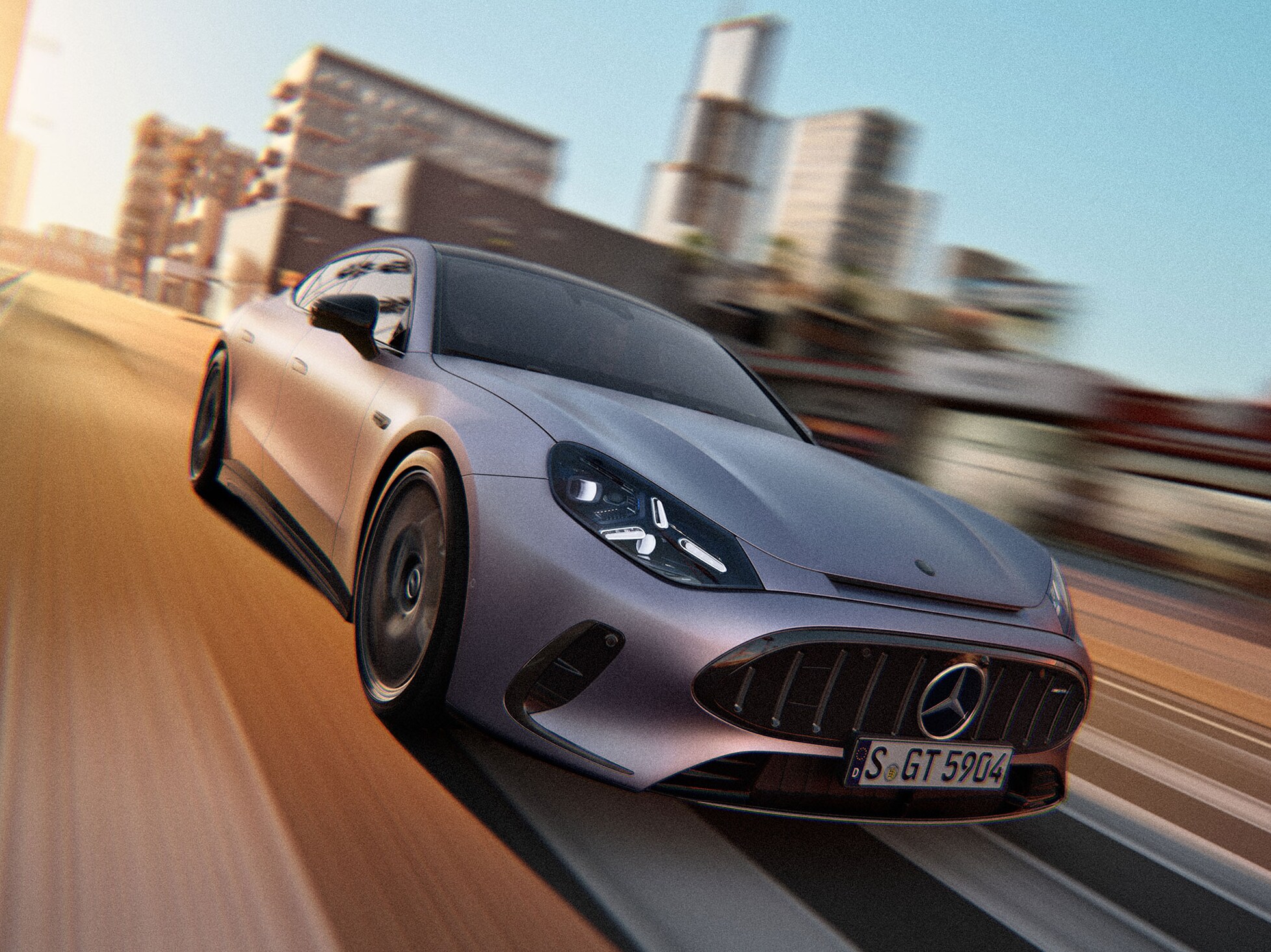 Mercedes-AMG GT 4-Door Coupé kör längs en motorväg genom en storstad.