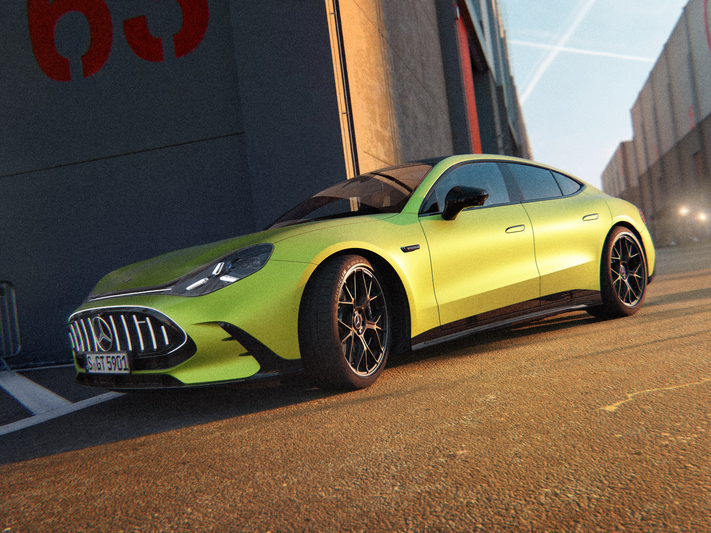 Bakgrundsbild för den nya elektriska Mercedes-AMG GT 4-dörrars Coupé