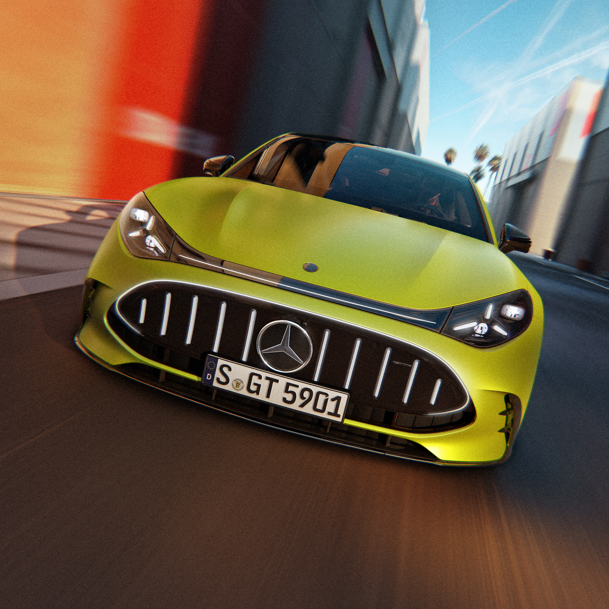 Nya elektriska Mercedes-AMG GT 4-dörrars Coupé | Mercedes-AMG Den nya elektriska Mercedes-AMG GT 4-dörrars Coupé sedd framifrån