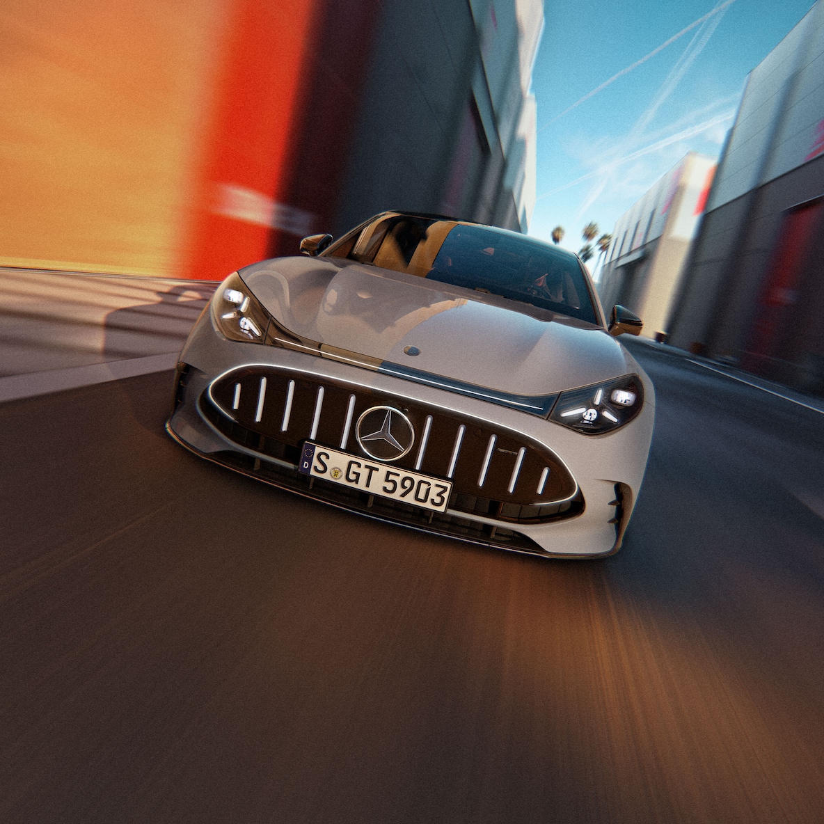 En GT fyradörrars coupé från Mercedes-AMG sedd framifrån.