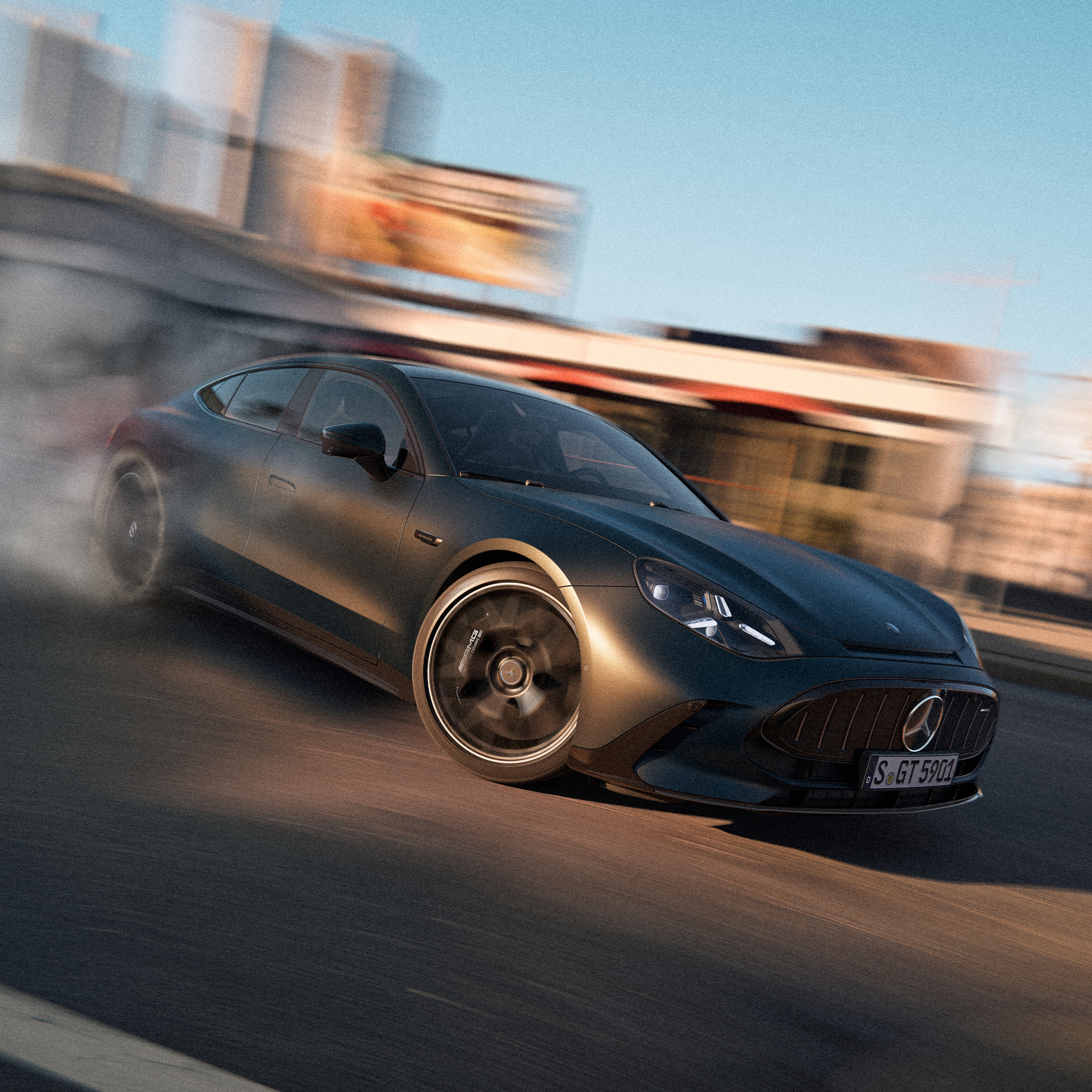Världspremiär | Den nya Mercedes-AMG GT 4-dörrars Coupé Neonfärgad Mercedes-AMG GT 4-dörrars Coupé som kör i hög hastighet.