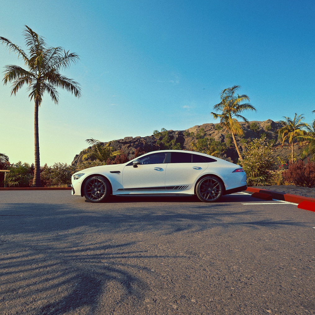 Den aktiva aerodynamiken hos Mercedes-AMG GT 53 4MATIC+ (bakvinge) eller körbild, sett bakifrån med utfälld bakvinge.