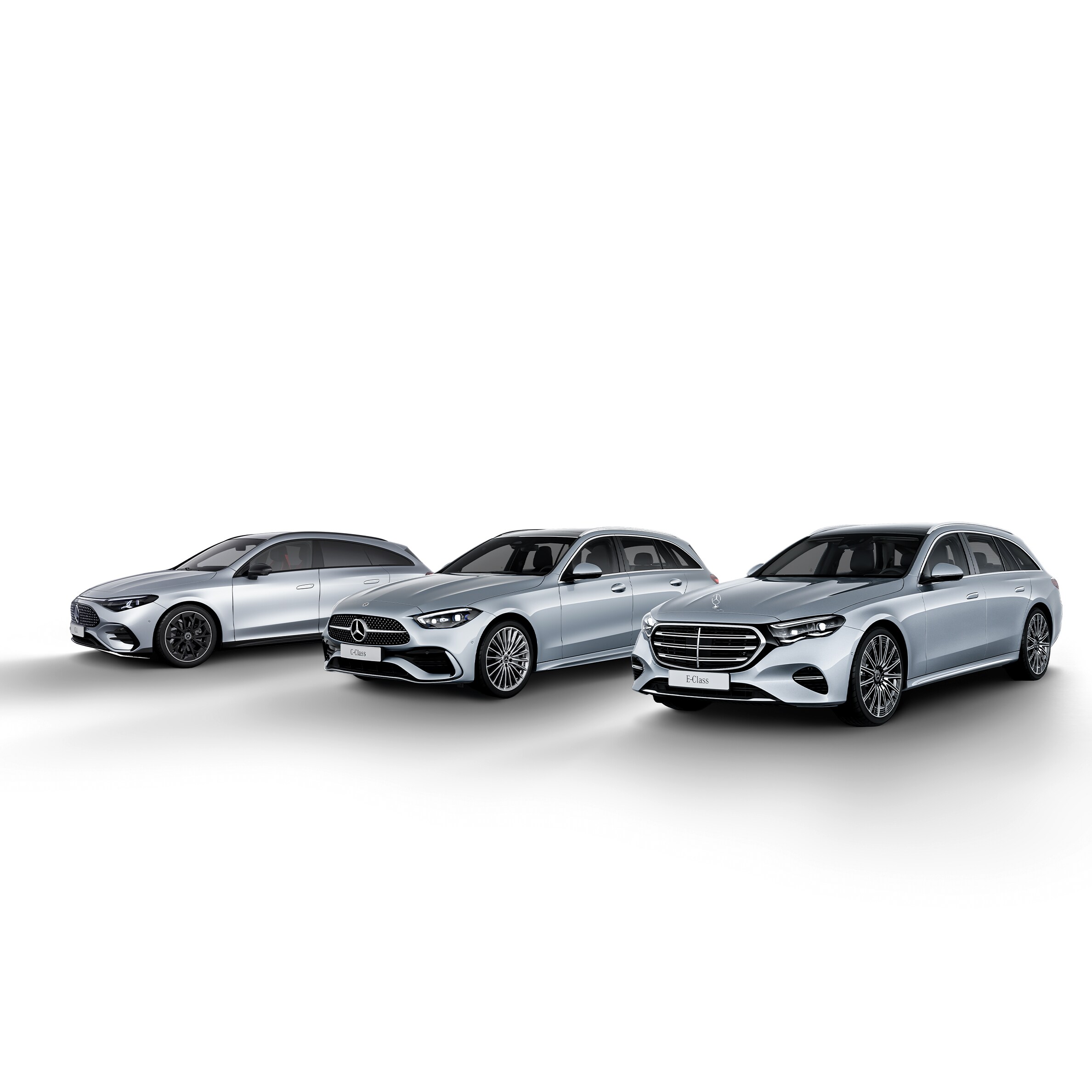 CLA Shooting Brake, C-klass kombi och E-klass kombi sida om sid.