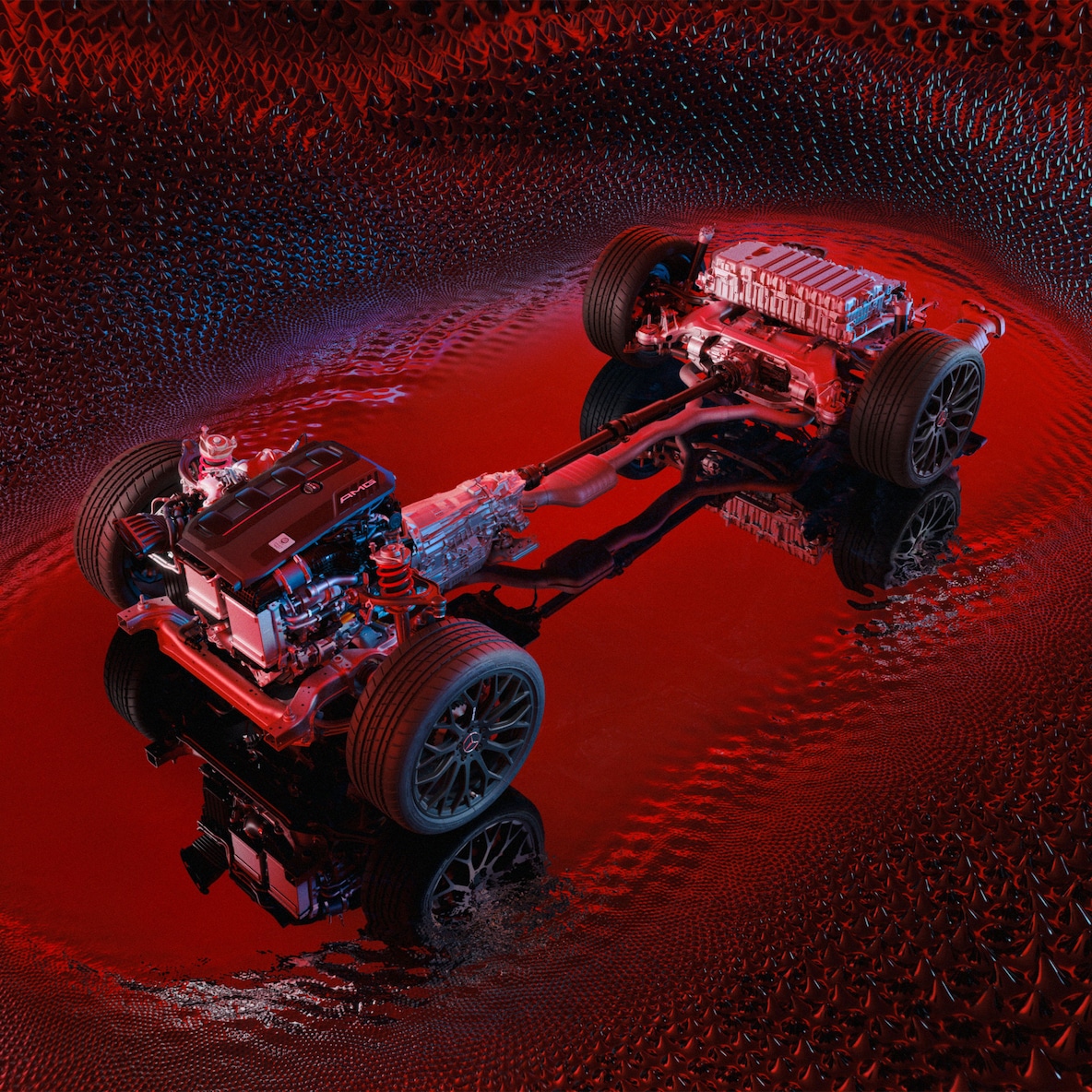 Chassit med drivlinan på Mercedes-AMG C 63 S E PERFORMANCE.