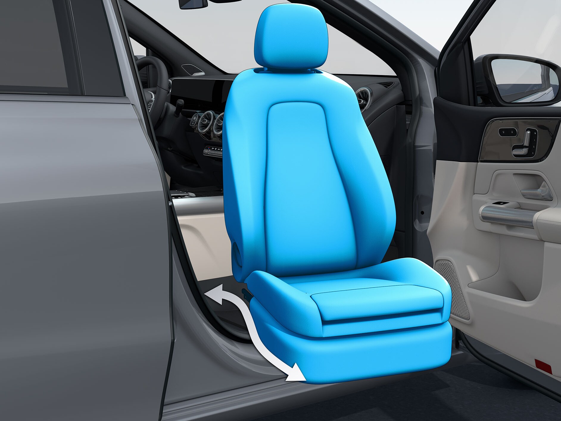 En öppen passagerardörr i funktionshinderanpassad bil med den vrid-, höj- och sänkbara stolen Turny-Evo.