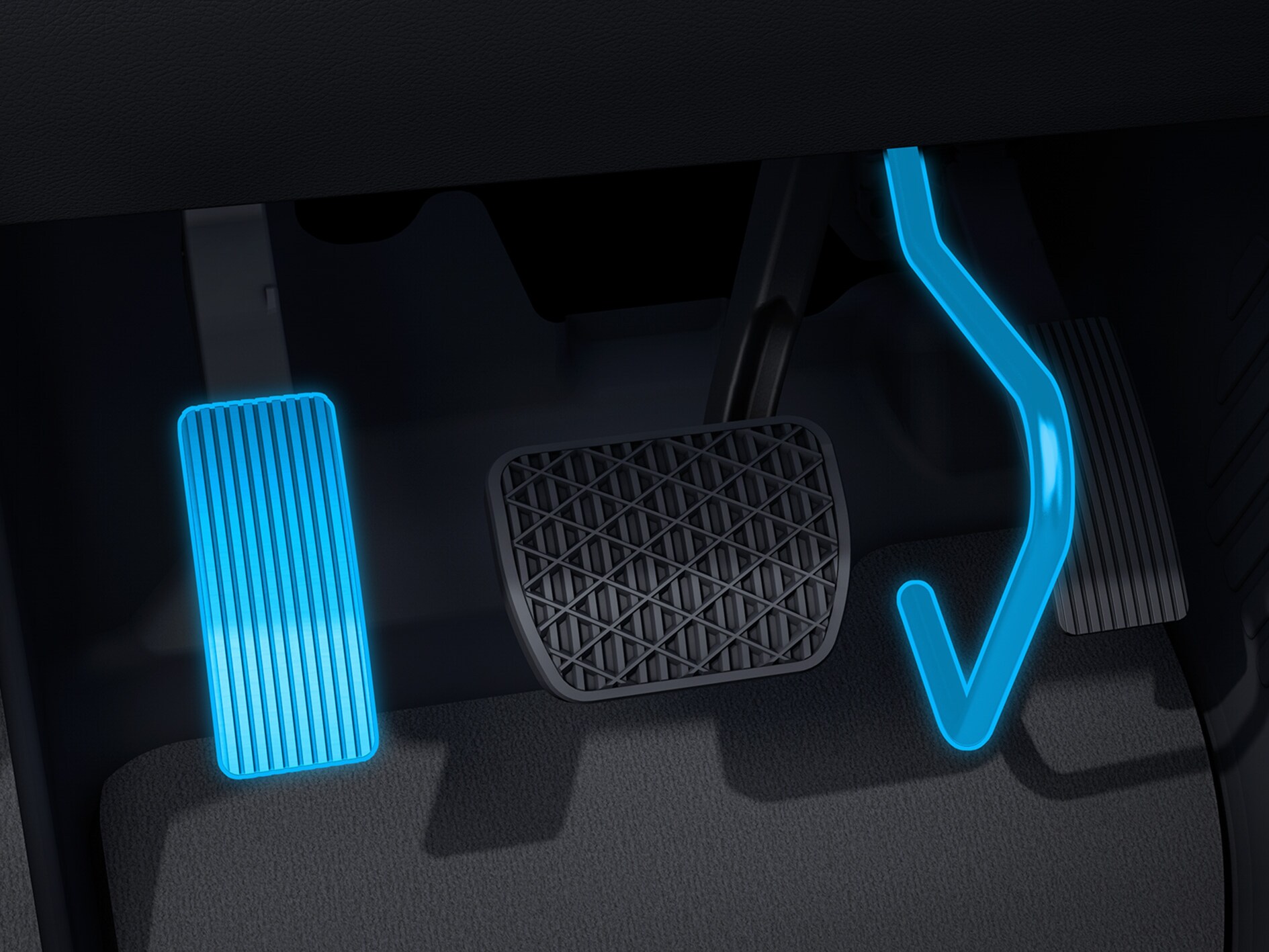 En detaljerad bild av pedalförflyttningen (elektronisk) i en funktionshinderanpassad bil.