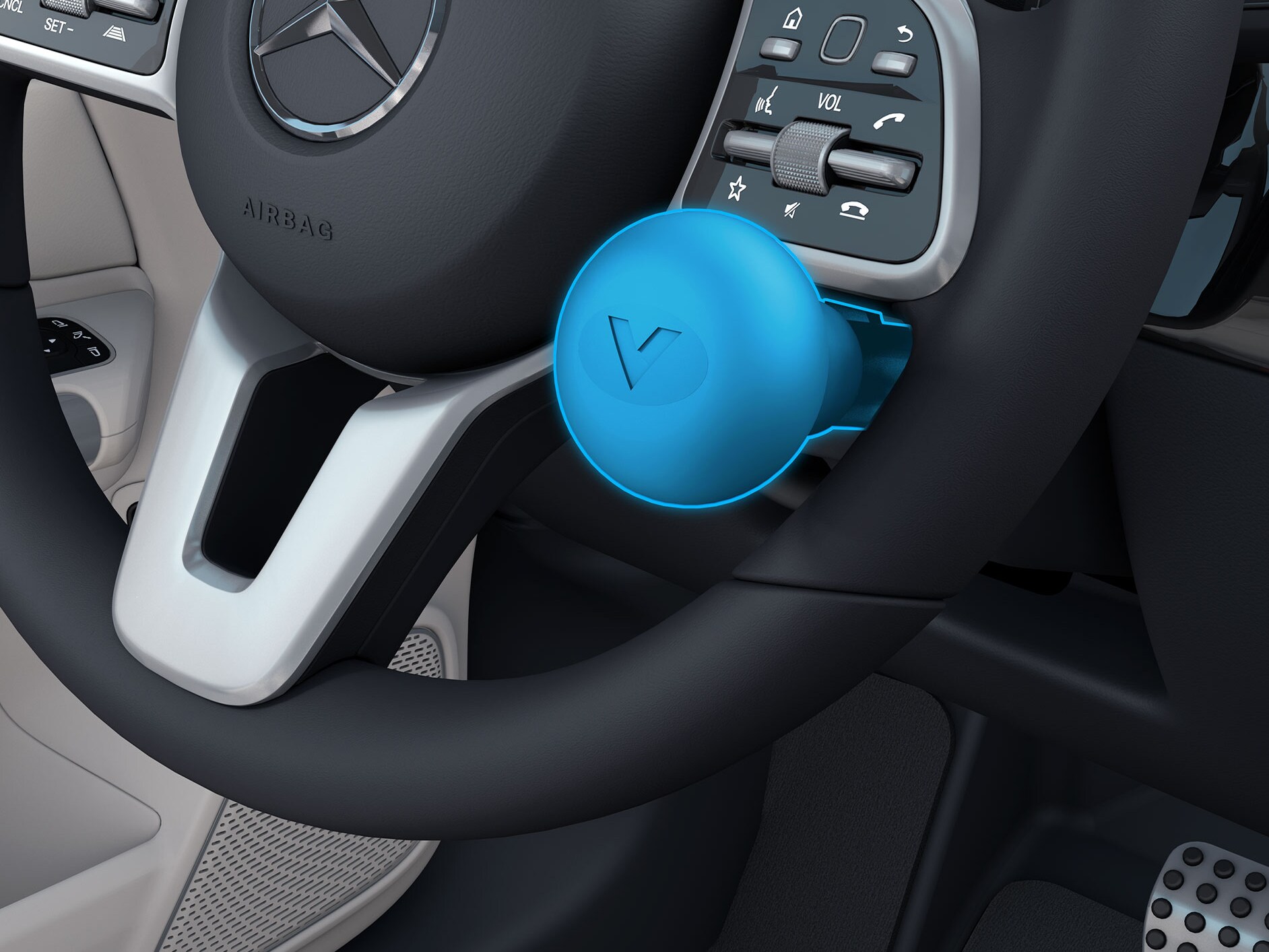 En detaljerad bild av rattknoppen till höger i en funktionshinderanpassad bil.