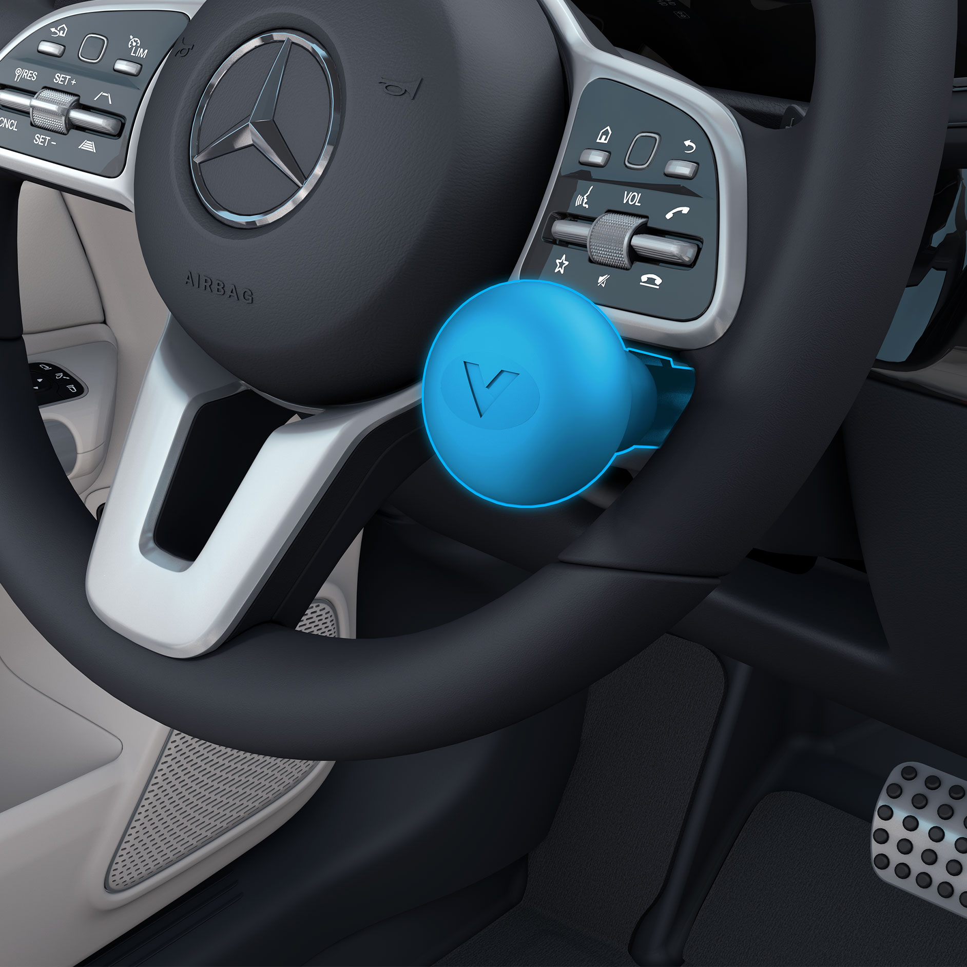 Rattknopp | Körhjälpmedel | Mercedes-Benz En detaljerad bild av rattknoppen till höger i en funktionshinderanpassad bil.