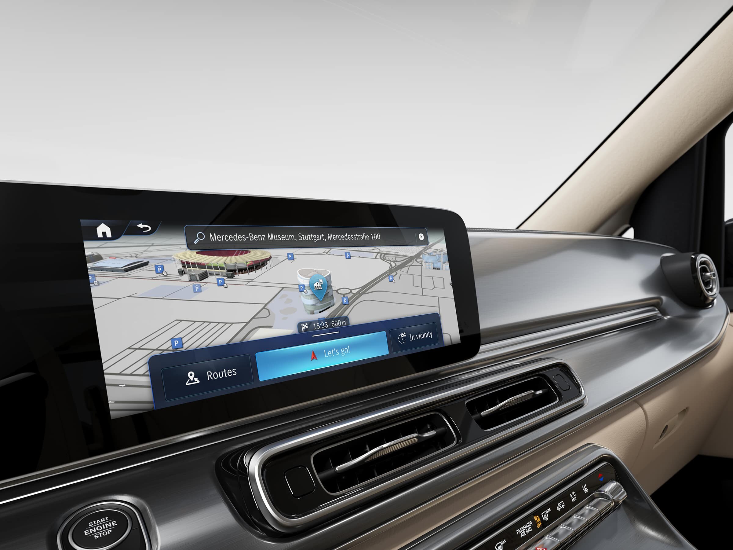 Förarplatsen i Mercedes-Benz Marco Polo HORIZON med MBUX infotainment och Smartphone-integration.