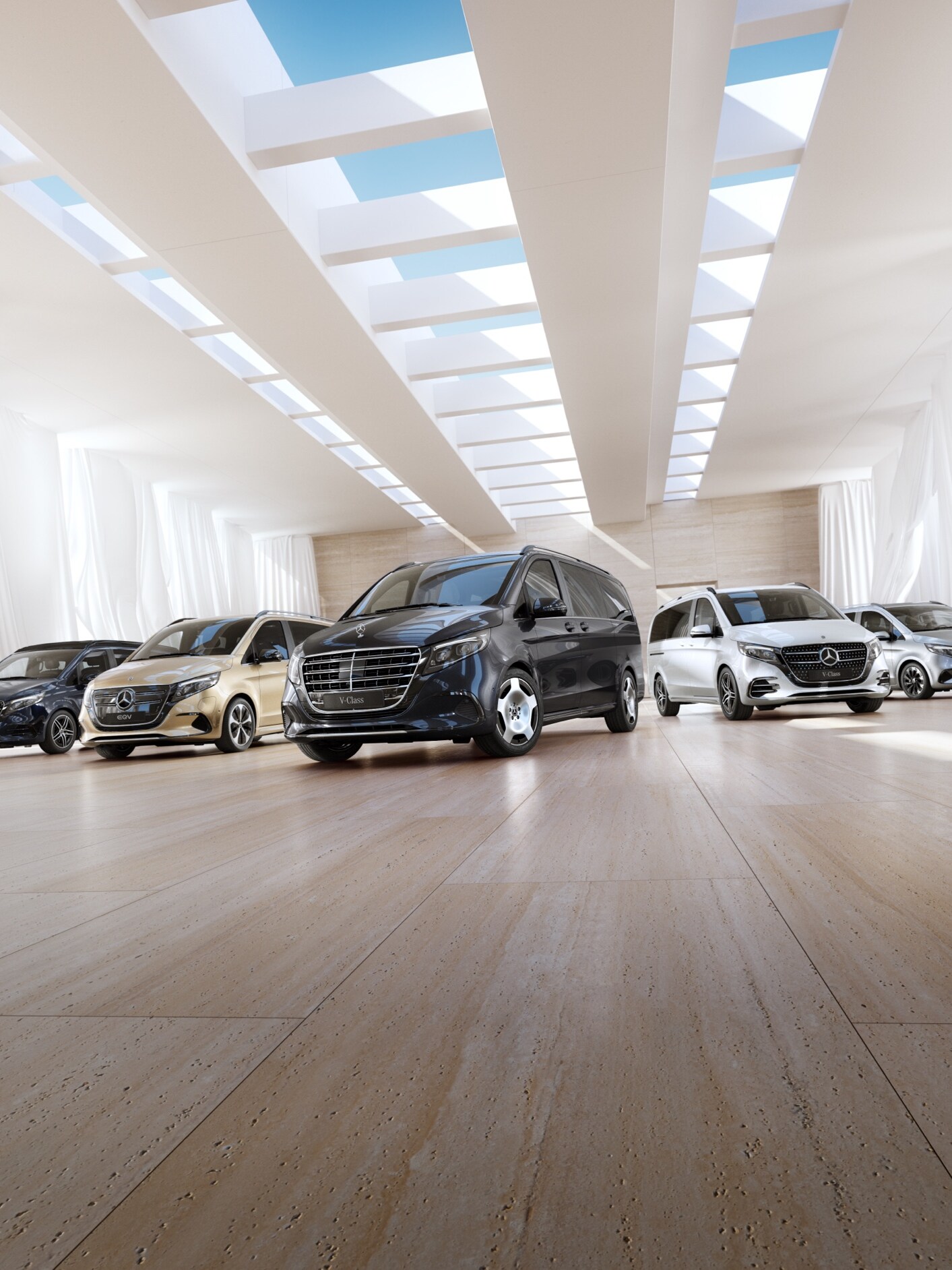 Olika Mercedes-Benz familjebilar sida vid sida i minimalistiskt showroom