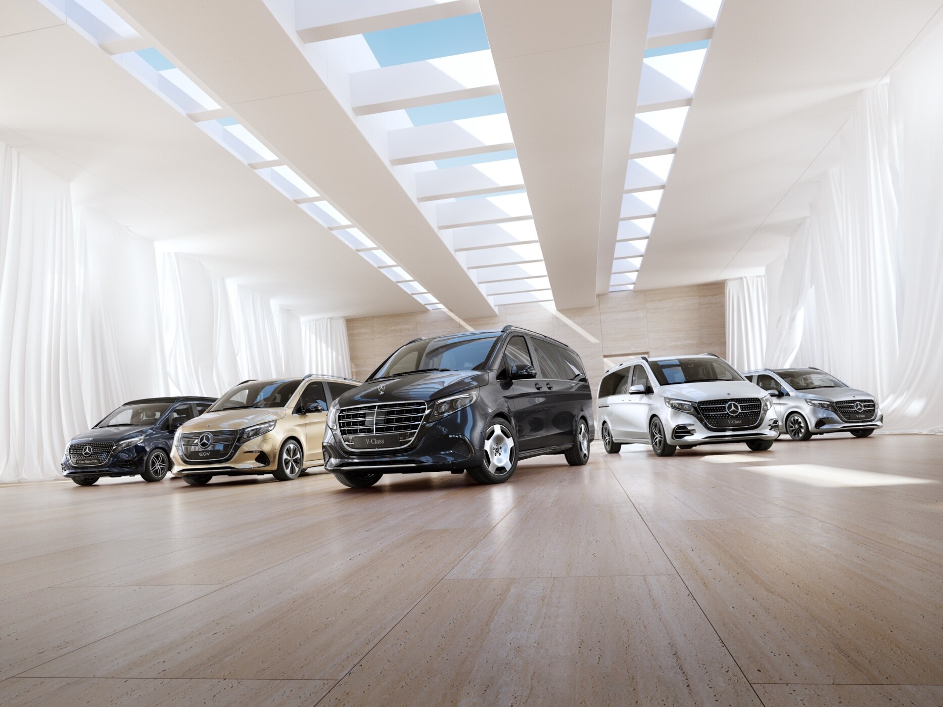 Olika Mercedes-Benz familjebilar sida vid sida i minimalistiskt showroom