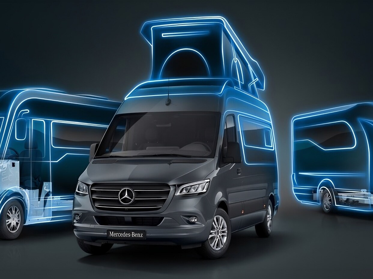 Mercedes-Benz Sprinter Camper parkerad vid en naturskön flod.