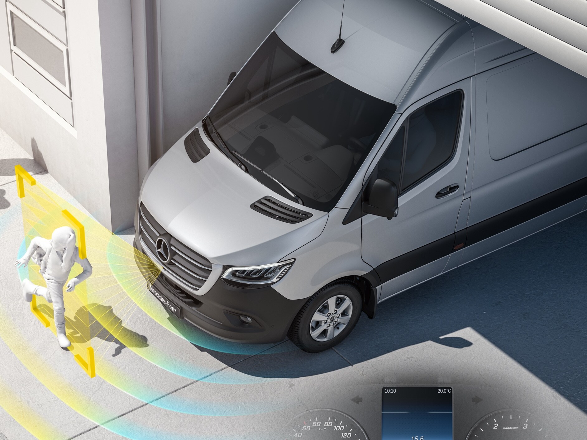 Mercedes-Benz Sprinter med aktiva förarassistanssystem som upptäcker fotgängare i närheten för ökad säkerhet.