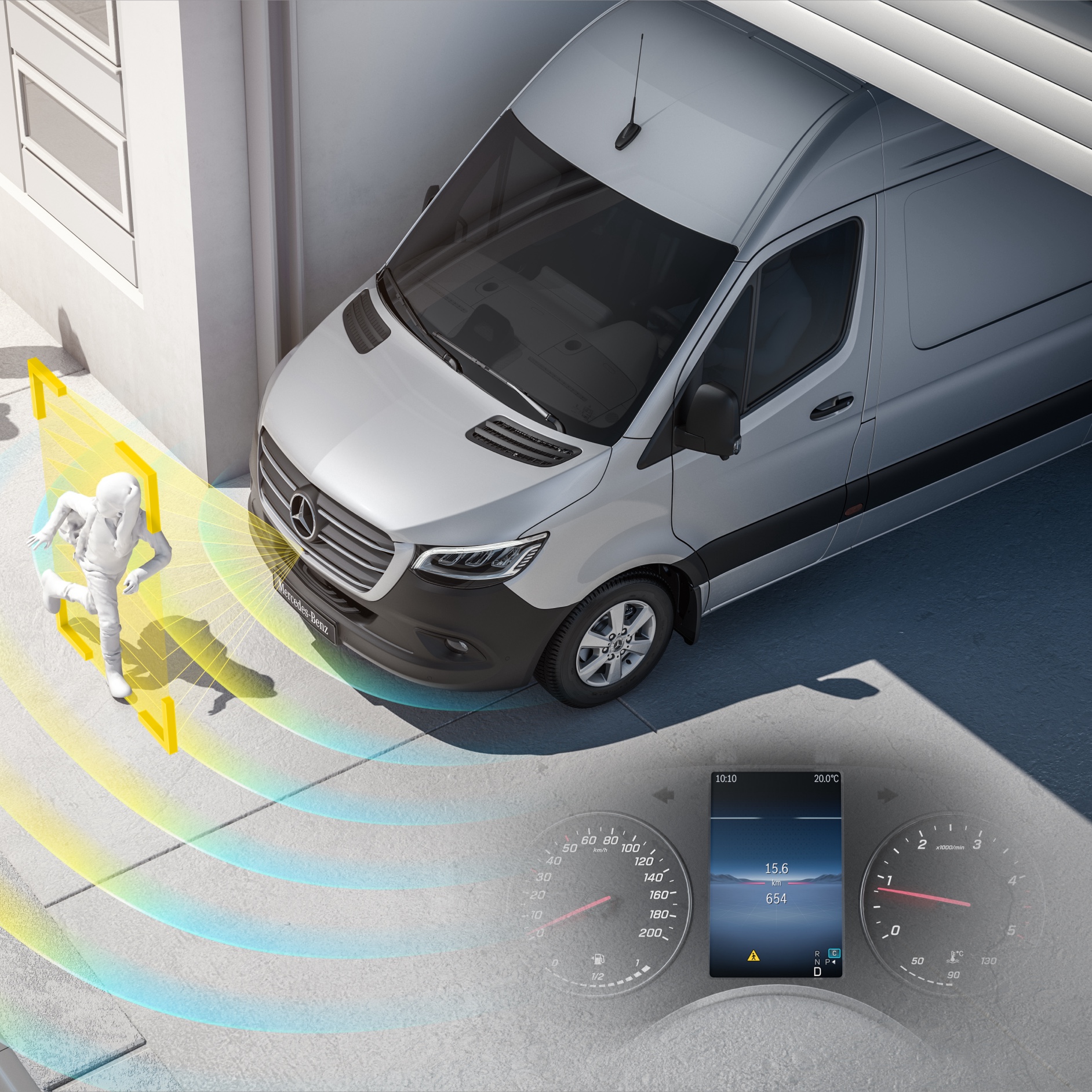 Digitala tjänster | Sprinter Camper Vans | Mercedes-Benz Mercedes-Benz Sprinter med aktiva förarassistanssystem som upptäcker fotgängare i närheten för ökad säkerhet.
