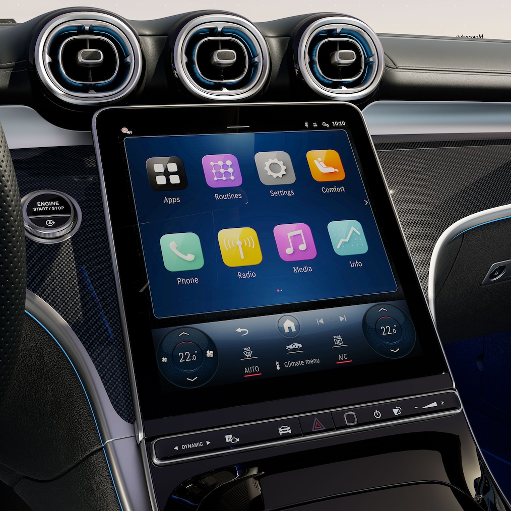 Den 30,2 cm (11,9-tums) stora centraldisplayen i Mercedes-Benz CLE Cabriolet.