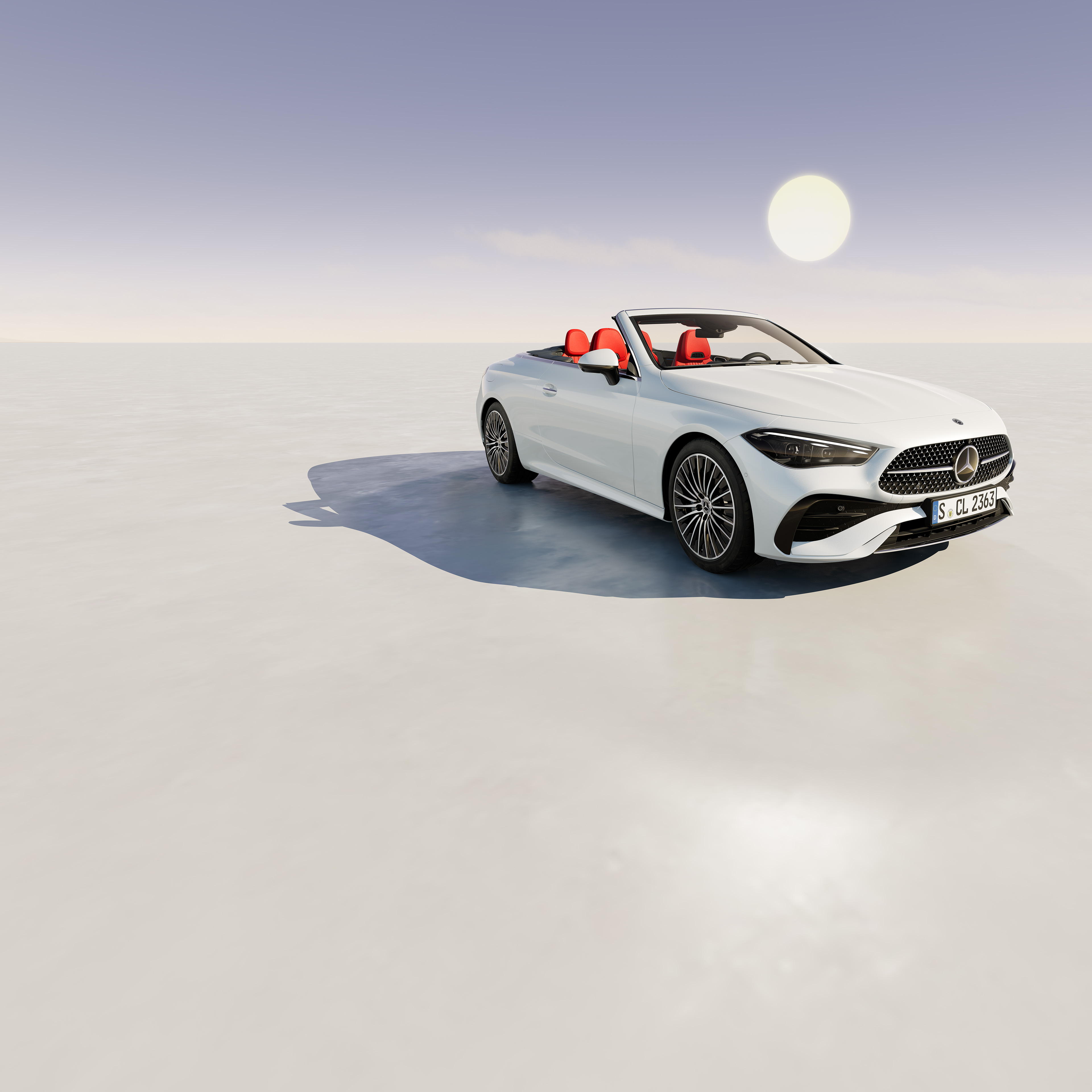 Mercedes-Benz Cabriolet & Roadster | Prislistor Vit Mercedes-Benz CLE Cabriolet sedd ovanifrån med lågt hängande sol