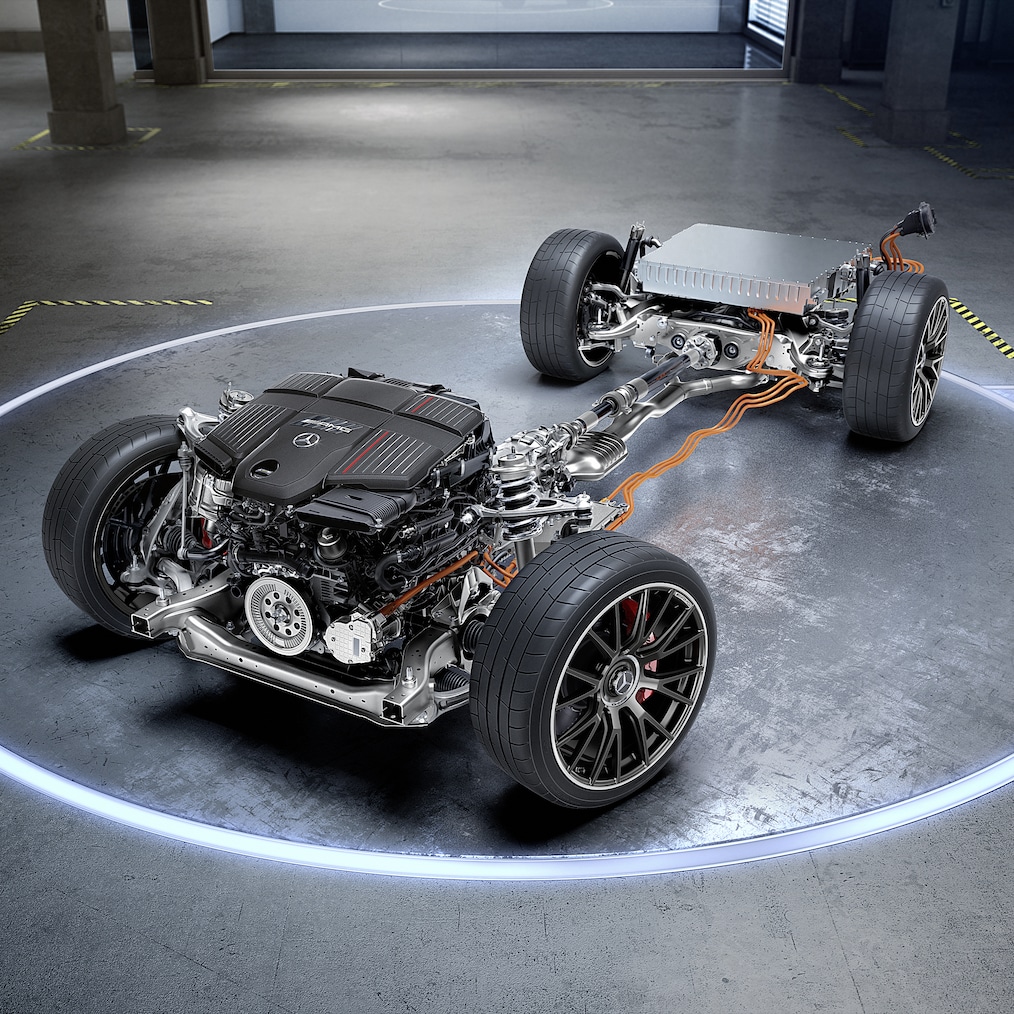 Chassit med AMG-drivlina hos Mercedes-AMG E 53 HYBRID 4MATIC+.