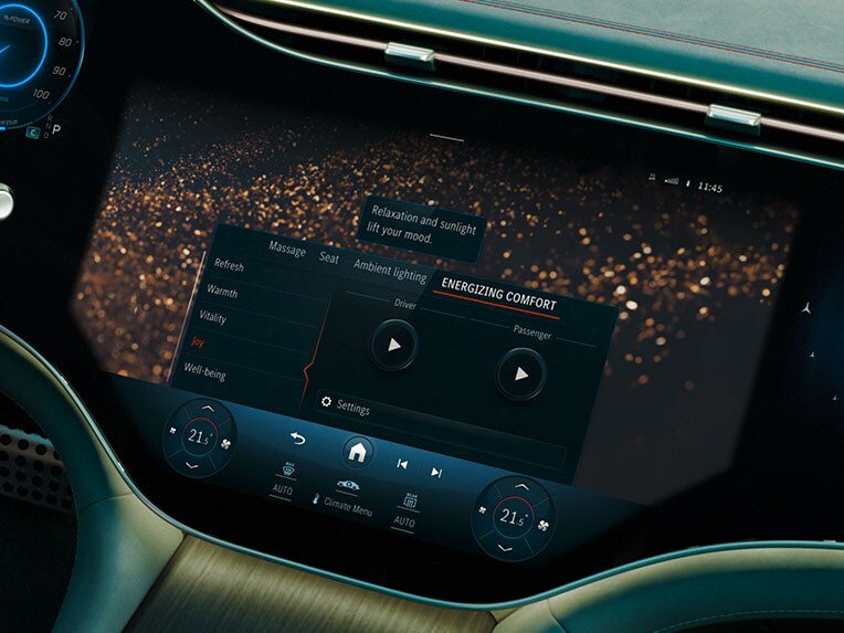 Indikeringen från ENERGIZING-paket Plus på en display i EQE Sedan från Mercedes-Benz.