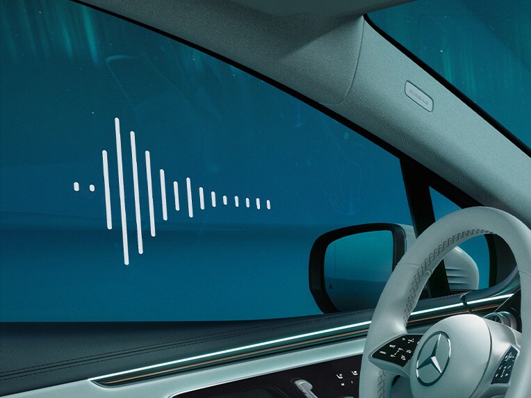 En grafisk bild av akustikkomfortpaketet i EQE Suv från Mercedes-Benz.