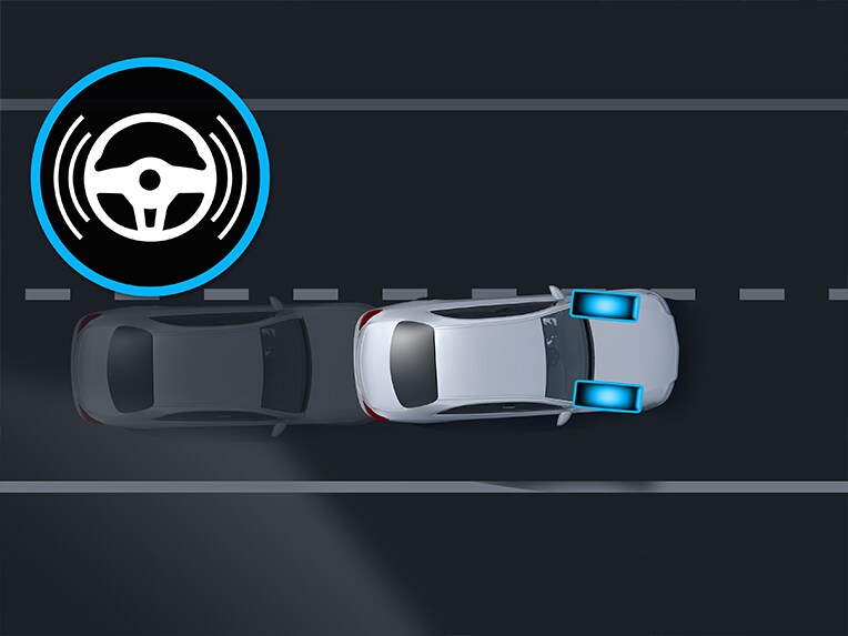 En grafisk bild av den aktiva kurshållningsassistenten i EQE Suv från Mercedes-Benz.