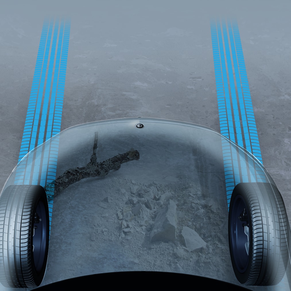 En grafisk bild av den transparenta motorhuven i EQE Suv från Mercedes-Benz.