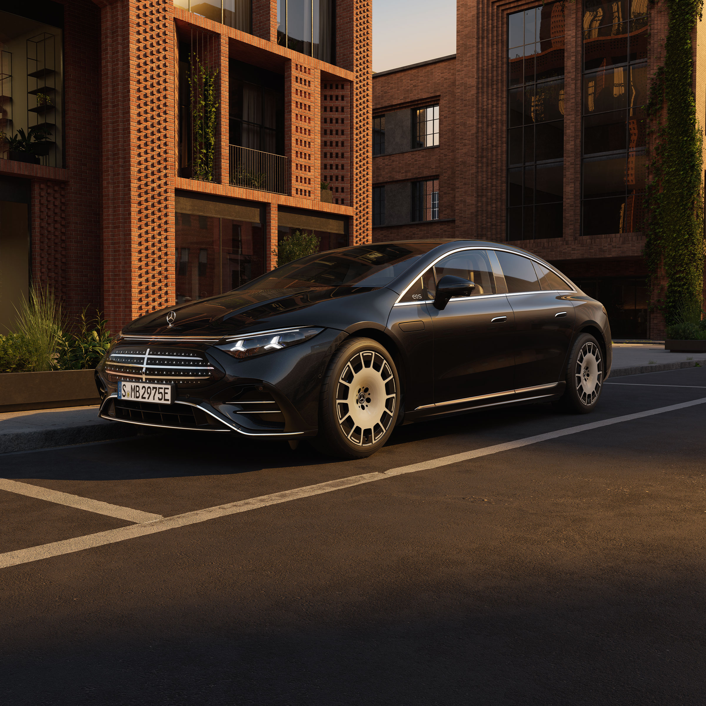 EQS 350 AMG Night | BusinessLeasing | Mercedes-Benz Finans Mercedes-Benz EQS Sedan parkerad framför en husfasad