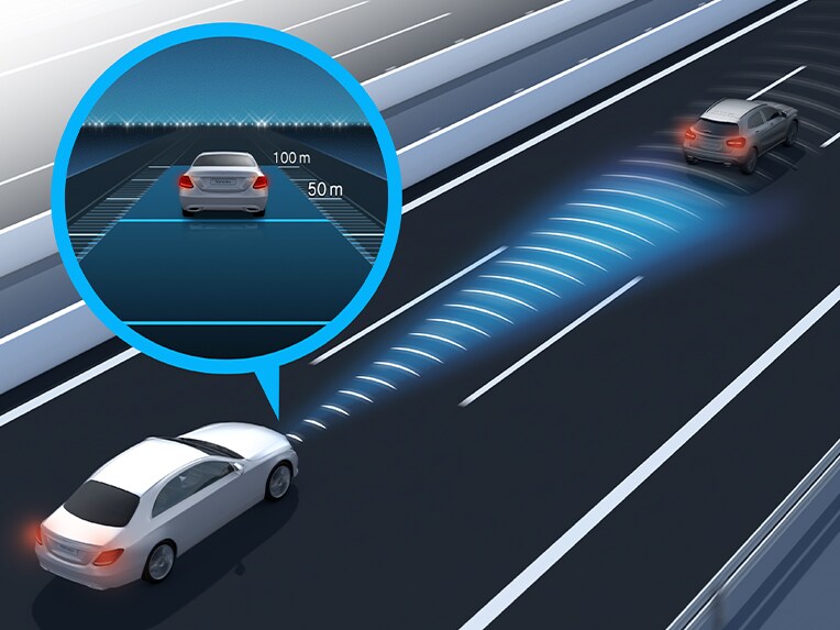 En grafisk bild av den aktiva avståndsassistenten DISTRONIC i EQS Sedan från Mercedes-Benz.
