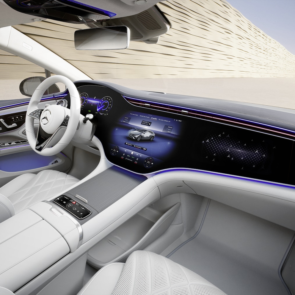 Interiören med MBUX Hyperscreen i EQS Sedan från Mercedes-Benz.