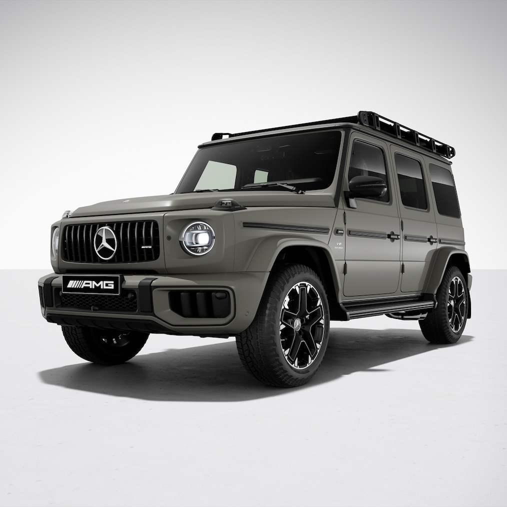 En Mercedes-AMG G 63 med AMG Offroad-paket PRO sedd snett framifrån.