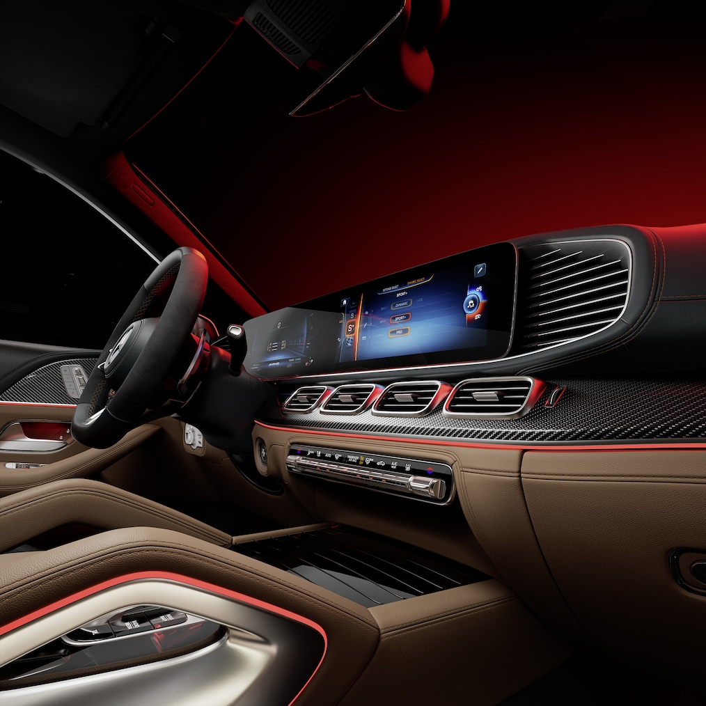 Widescreen-panel på instrumentbrädan i GLS 63 4MATIC + från Mercedes-AMG.