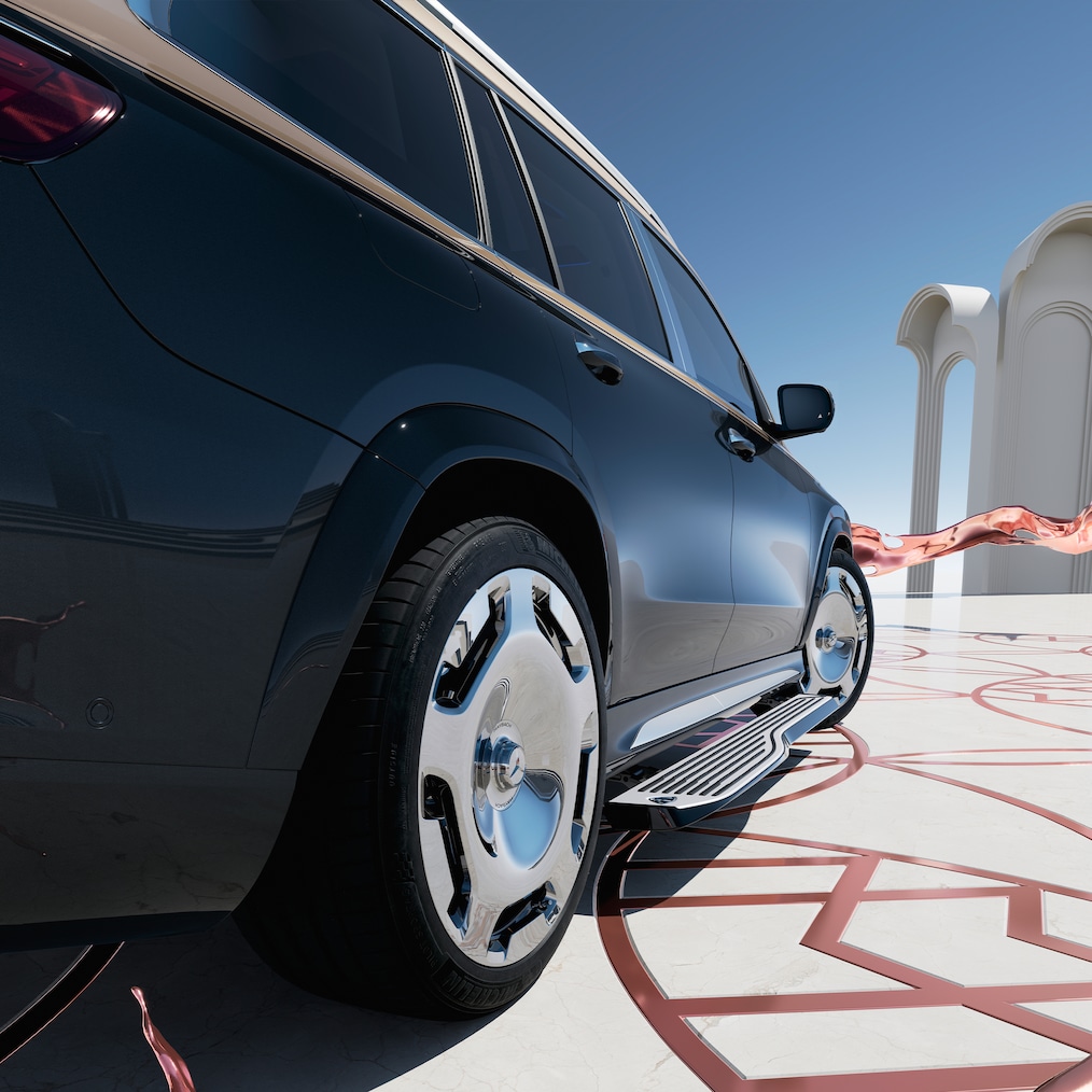 Mercedes-Maybach GLS 600 med öppna dörrar och utfällda fotsteg sedd rakt ovanifrån.
