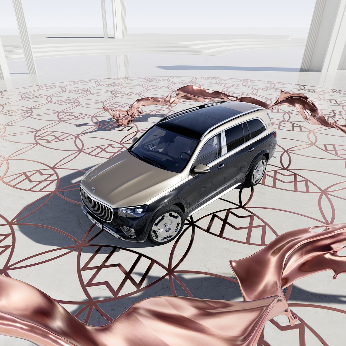 Mercedes-Maybach GLS 600 sedd snett framifrån ur fågelperspektiv.