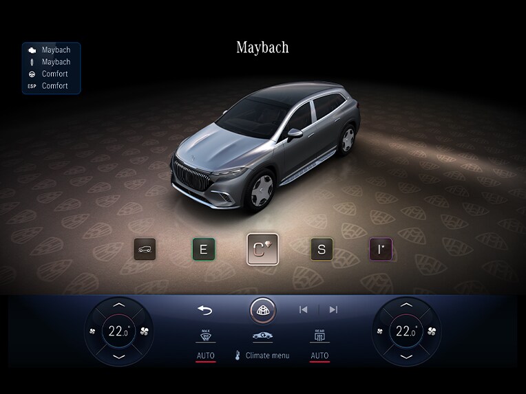 Centraldisplayen i Mercedes-Maybach EQS Suv visar MAYBACH-körprogrammet.
