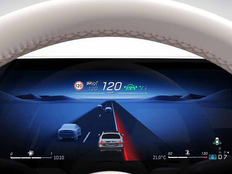 Displayvisning av den aktiva kurshållningsassistenten i Mercedes-Benz S-Klass Sedan Lång.