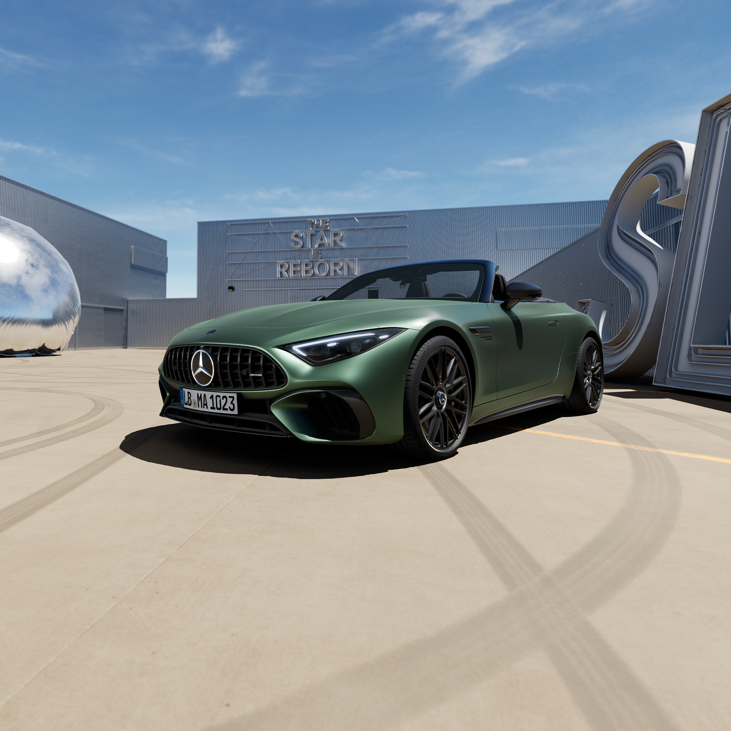 Grön Mercedes-AMG SL 63 S E PERFORMANCE sedd snett framifrån